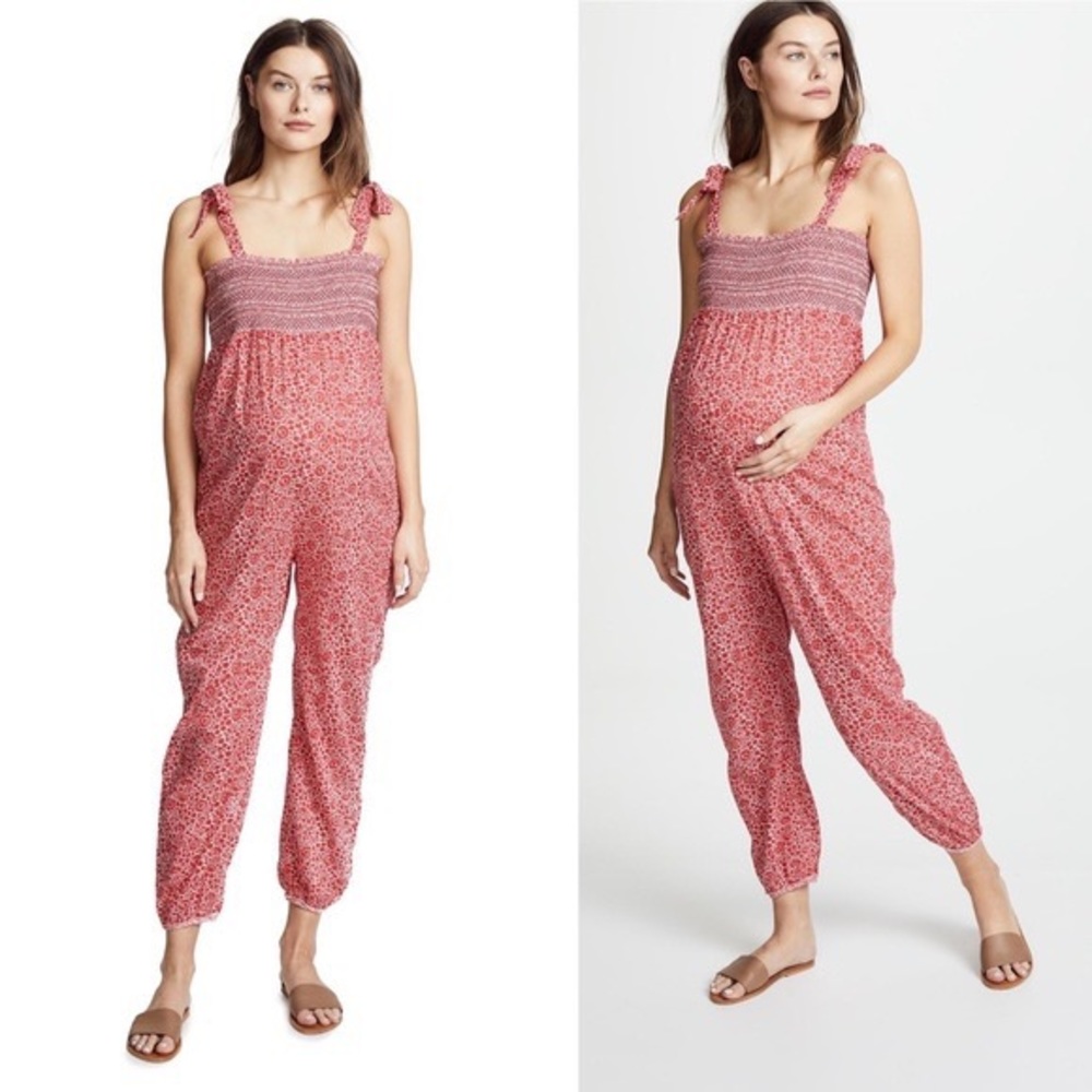 Hatch Maternity Jumpsuit Smocked Red Floral 8-10